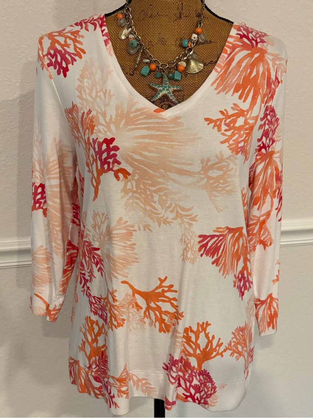 Chico's Coral Reef Print Top Ocean Motif Pima Cotton Pullover Shirt Large 2